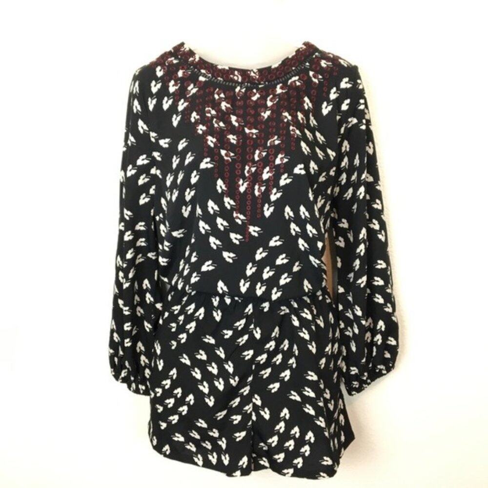 Romper Anthropologie Ranna Gil Blouson Size M Black White Embroidered Retro